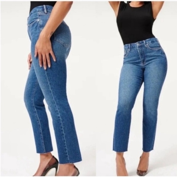 Good American Good Classic Raw Hem High Rise Jeans GCH086TFT Blue Size 10 - Picture 2 of 11